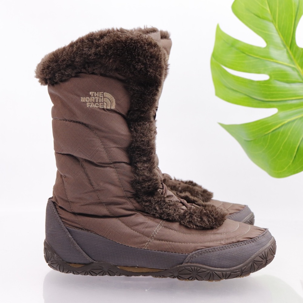 The North Face Womens Nuptse Boots Size 7 Brown Nylon Furry Winter Snow Lace Up